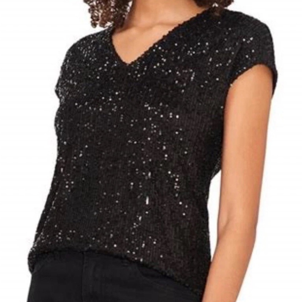NEW Vince Camuto Black Micro Sequin V Neck Top Women’s Size Small